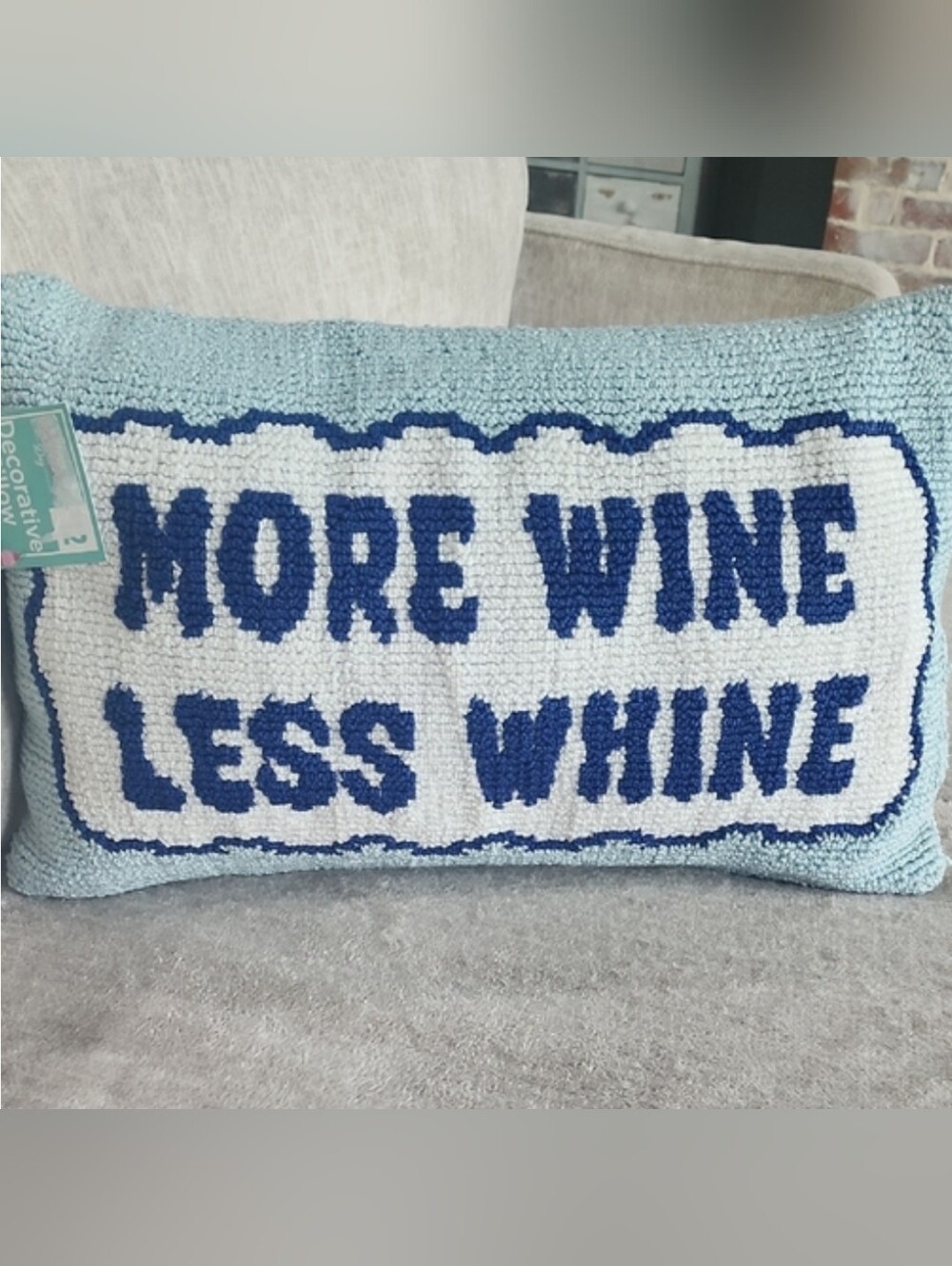 "More Wine Less Wine" Large Embroidered Humorous Lumbar Pillow NWT